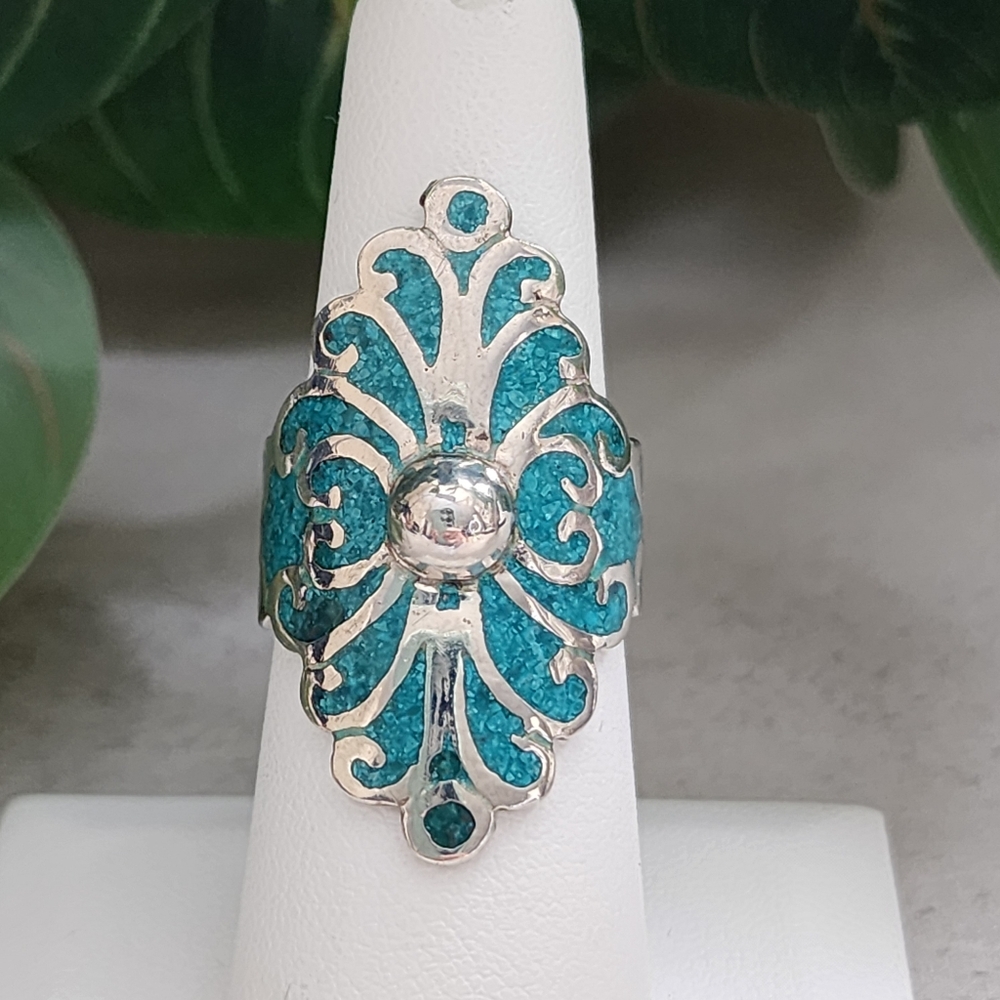Taxco Sterling Silver & Turquoise Ring Size 7 - Picture 2 of 12